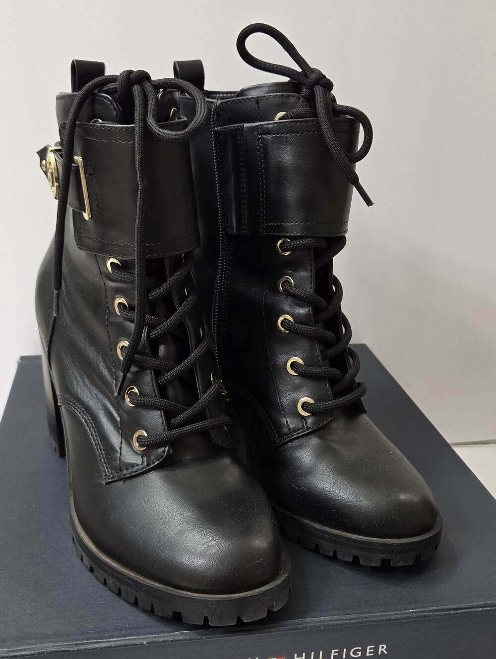 Tommy Hilfiger Black Lace-Up Platform Ankle Boots with Gold Hardware